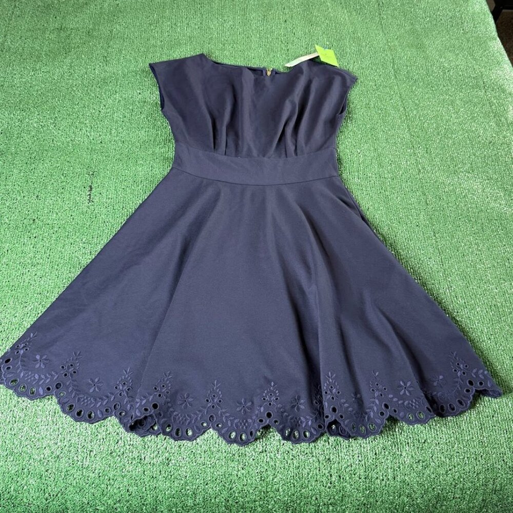 Kate Spade  Ponte Fiorella Eyelet Scalloped Hem Navy Midi Dress Size M NEW